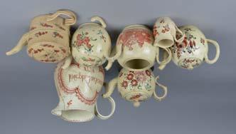 5cm, some pieces chipped and cracked (13) 40-60 plus BP* Lot 208 Lot 208 FOUR SECOND HALF OF 18TH CENTURY CREAMWARE BULLET SHAPED TEAPOTS, three with floral painted decoration, the