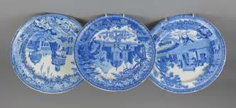 decorated with The Camel pattern, both with impressed marks, together with Herculaneum pearlware blue and white plate printed with a scene of the