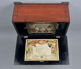 Lot 226 Lot 224 Lot 224 A LATE 19TH CENTURY SWISS TABLE TOP MUSIC BOX, the 33cm/13 inch cylinder playing twelve airs on six bells, with original tune sheet attached to the lid interior, bears No.