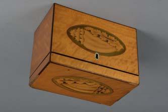 SATINWOOD TEA CADDY, of rectangular form, inlaid shell paterae to lid and font, lacks internal fittings, green