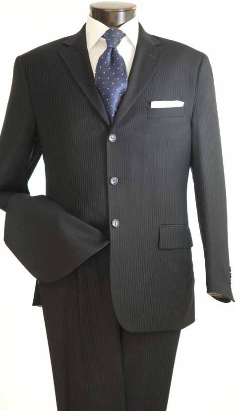 SUITED FOR ELEGANCE CLASSIC STRIPE FOR PROFESSIONALS Black Navy Charcoal 16 Grey D633SQ basic cut 2-piece, 3-button pencil-stripe suit poly-rayon super wool feel double vents on JACKET back pleated