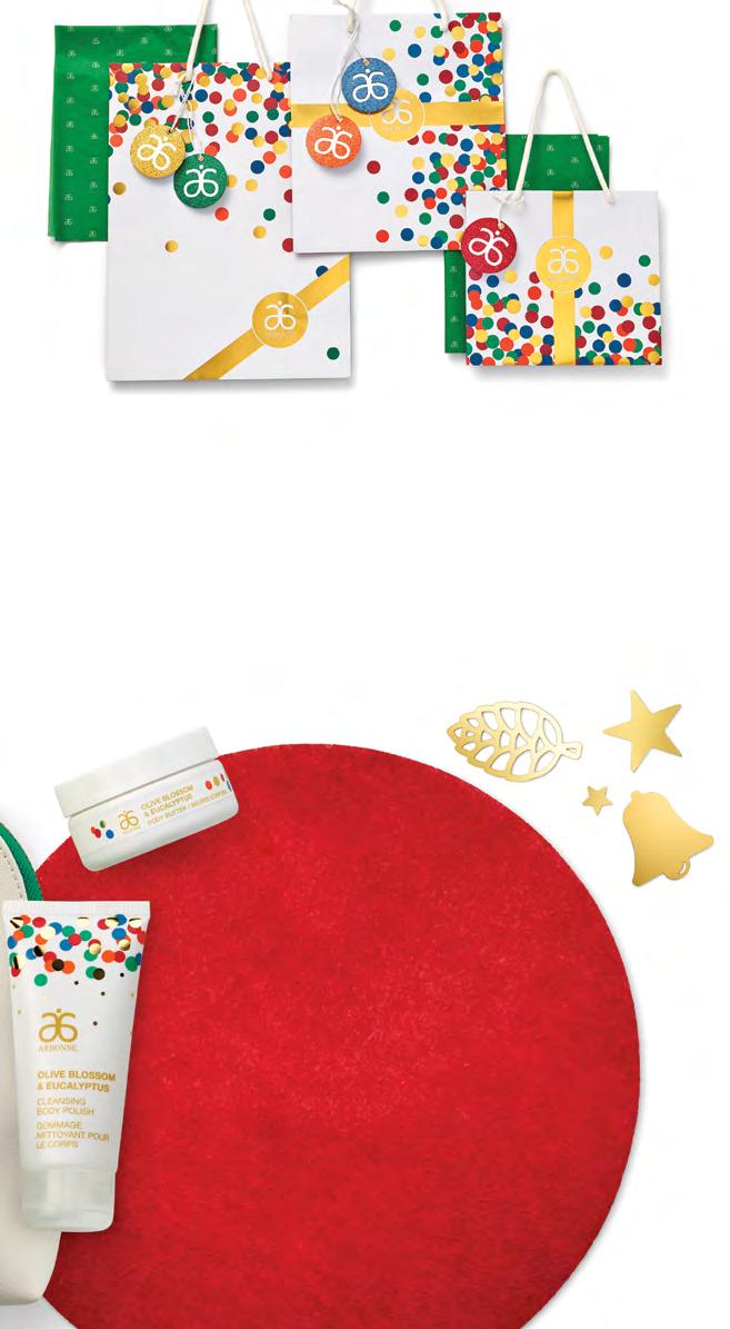 PwP Purchase with Purchase* Merry & Bright Festive Gift Bags Set With every 120 SRP order, qualify to purchase this season s Arbonne branded festive bags to trim to the brim with your favourite