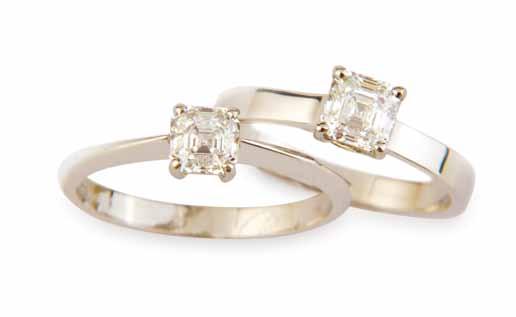 Royal Asscher cut single stone diamond ring in platinum with diamond shoulders. 1.