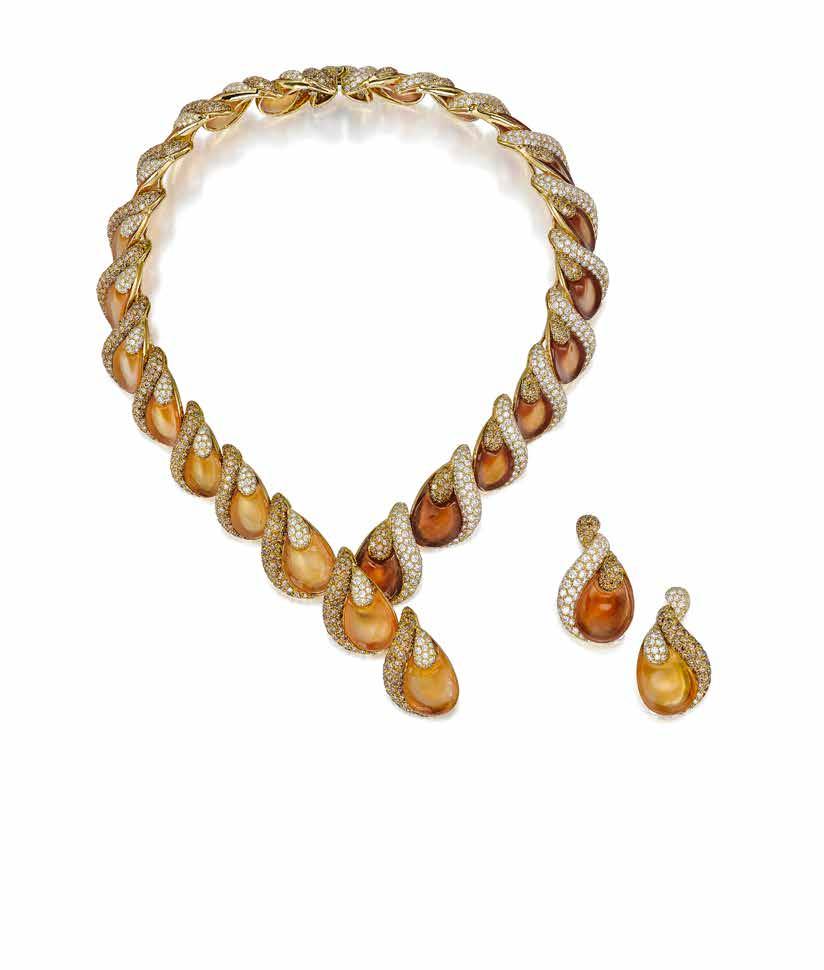 53 PROPERTY OF VARIOUS OWNERS 53 A DIAMOND, COLORED DIAMOND AND CITRINE SUITE, AMBROSI comprising a necklace of "V" shaped design, set with graduated drop shaped citrines, enhanced by a pavé-set