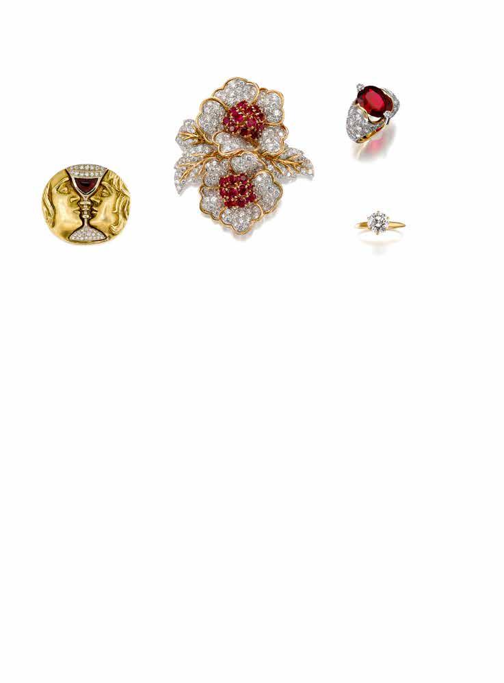 56 54 55 57 PROPERTY OF AN OREGON PRIVATE COLLECTOR 54 AN 18K BI-COLORED GOLD, DIAMOND AND GARNET "TRISTAN & ISOLDE" BROOCH, HENRI KASTON AFTER SALVADOR DALI of circular form, centering a stylized