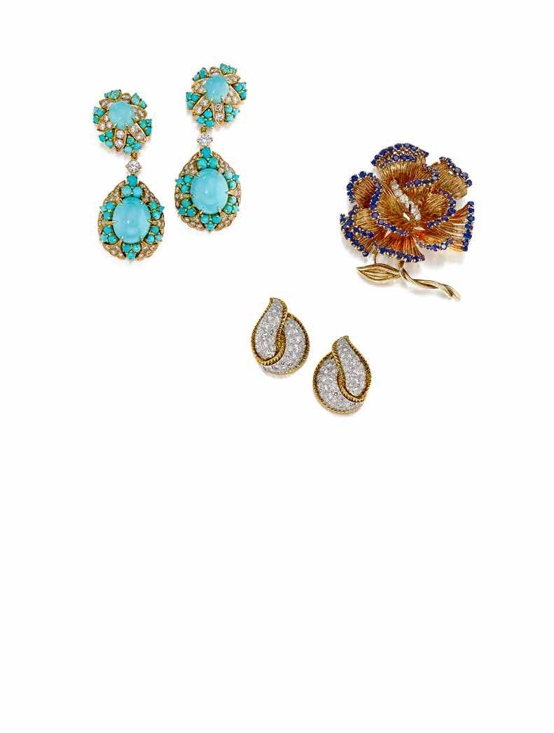 58 59 60 58 A PAIR OF TURQUOISE AND DIAMOND DAY/NIGHT EARRINGS, CARTIER, FRENCH set with oval-shaped turquoise cabochons, within a foliate surround of round brilliantcut diamonds and round-shaped