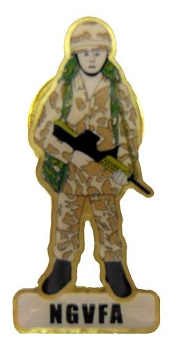 Colours: White/brass Dimensions: NGVFA: Length 25mm, Width 37mm Shield: Length 25mm, Width 17mm Battle Ready Soldier Badge