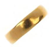 Weight 8.8gms. 220-320 855 An early 20th century 22ct gold D-shape band ring. Hallmarks for Birmingham, 1911. Approximate width 5mms. Weight 3.7gms. 80-120 A mabé-pearl ring.