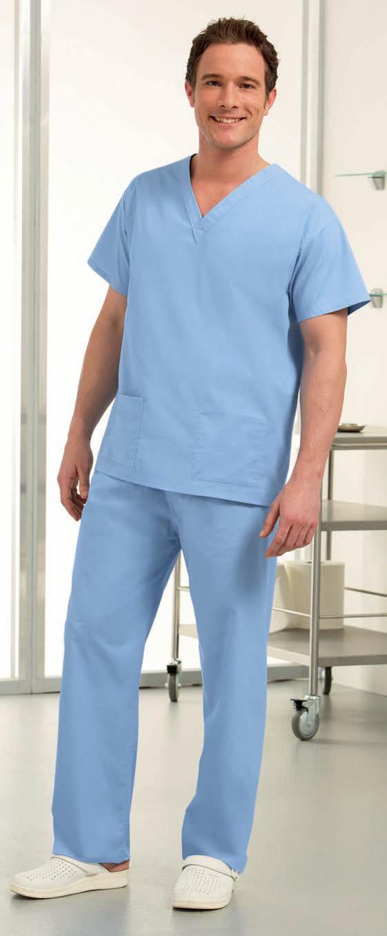 1. 2. UNISEX SCRUB SUIT This unisex navy scrub suit is reversible with a V neck yoke front and