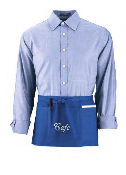 DURABLE PRICE POINT APRONS TRIPLE DIVIDED POUCH POCKET EXTRA LONG WAIST TIES POUCH POCKET CAFÉ WAIST APRON 2700 TAVERN APRON WITH POUCH 2710 65% polyester/35% cotton twill ½-inch wide extra-long