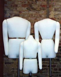 The shoulders are attached by an easy-snap fitting (beneath the covering) and are removable. Forms can be carved down or padded up to fit different sized garments.