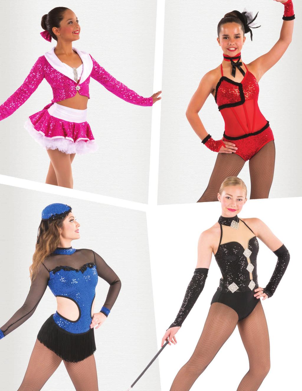 SEQUIN Colors: Red, White, Silver, Hot Pink, Royal, Black 81544 JACKET, TOP, SKIRT, HAIR (OPT) Accent is white or black Shown: Hot Pink/White 81541 LEOTARD, CHOKER, MITTS & HAIR (OPT) Black