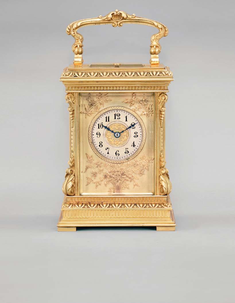 660 France, a highly ornamental and well executed hour repeating carriage clock, the gilt, Anglaise Riche variant case with stepped base below a fluted band and egg and dart molded surface canted