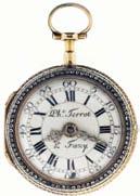 985 Terrot & Fazy, a Geneve, verge fusee pocket watch with enameled multi color gold case for the English market, key wind and set, gilt full plate movement with pierced and engraved balance cock and