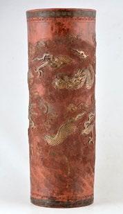141 1910-1915 Terracotta umbrella stand decorated with two dragons fighting in heaven, both ends decorated with spirals