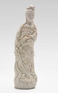 161 Blanc de Chine Guanyin, looking down, standing on a dragon s head on the sea, holding a ruyi scepter