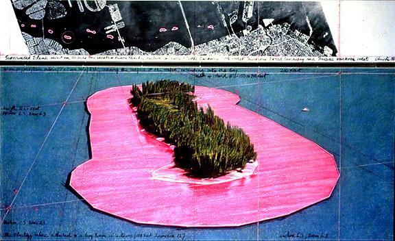 Slides 9 and 10 Christo s sketch photo Surrounded Islands, Biscayne Bay, Greater Miami, Florida, 1980-83 Using pink, floating fabric they encircled 11 islands in Biscayne Bay, Florida.