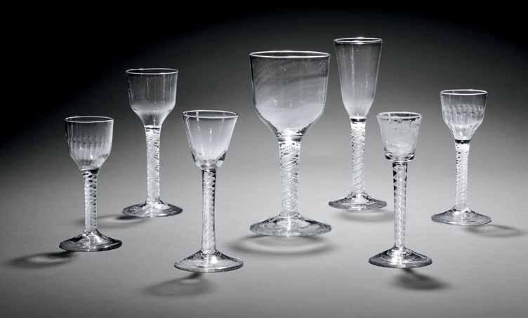 613 613 613 614 614 614 613 Four Double-series Opaque-twist Glasses, England, 1760-70, two with ogee bowls, stems with bands of three threads outside spiral gauze, and conical feet: a goblet, ht.
