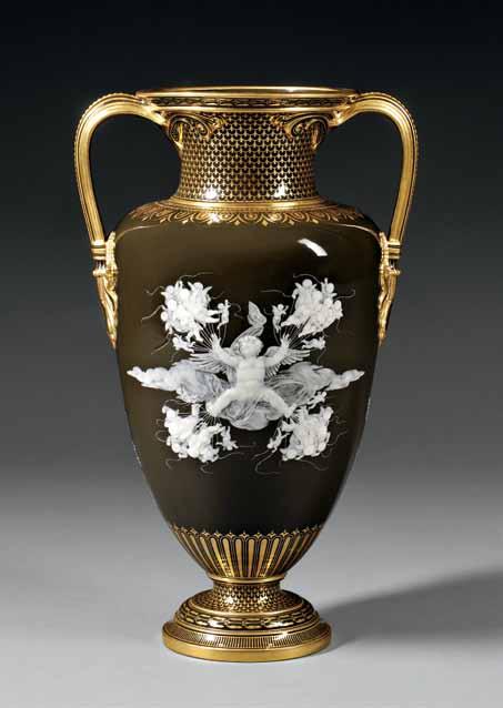 17 Mintons Marc-Louis Solon Decorated Pate- Sur-Pate Vase, England, late 19th century, dark brown ground