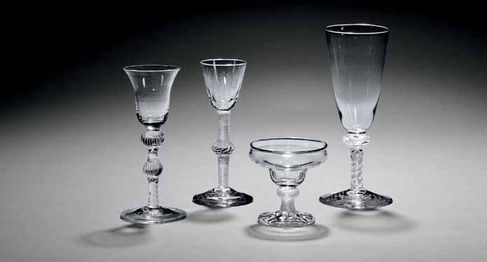 714 724 725 Two Engraved Opaque-twist Glasses, England, each bowl decorated with Jacobite rose, with butterflies to the reverse, a cordial with round funnel bowl with solid base on a double-series