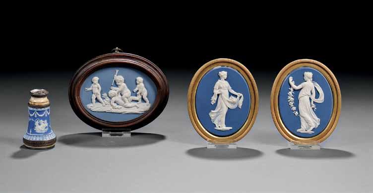 119B 119C 119A 116 Two Wedgwood Solid Blue Jasper Items, England, 18th century, each with applied white relief, a pear-shaped jug with Lady Templetown designs of Domestic Employment, ht.