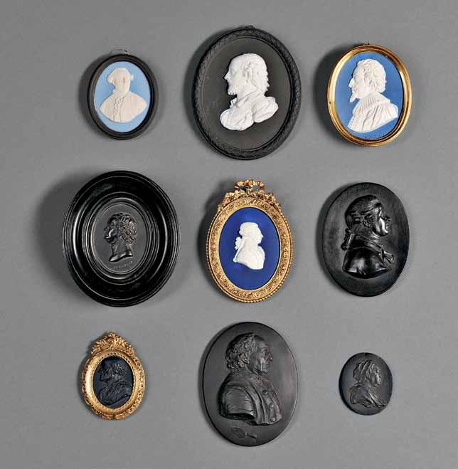 125 Two Wedgwood Self-framed Jasper Portrait Medallions, England, 20th century, each with applied white relief, a solid light blue Bert Bentley with black frame and depiction of Necker, BB1220, lg.