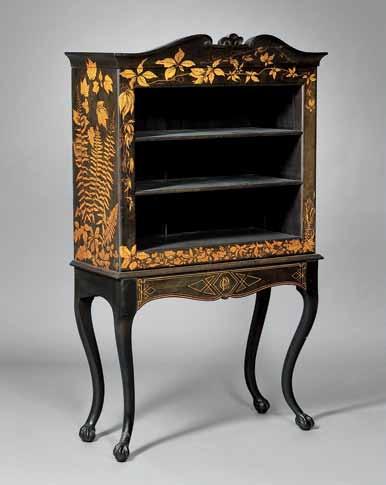 further gold-painted foliage, raised on a stand with a central frieze drawer with a painted monogram,