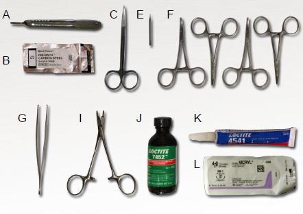 Recommended Surgical Tools A. Scalpel handle B. Scalpel blade (#15) C. Fine scissors D. Burr tool E. Fine burr (FST #19007-09 or equivalent) F.4x Hemostats (curved) G. Toothed forceps H.