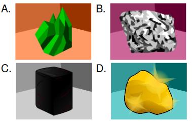 Watch It! Which of the minerals pictured 5. have a metallic luster? 6. Watch It! What kind of tool would you need to determine if a mineral has fracture? A. Hammer B. File C. Grinder D.
