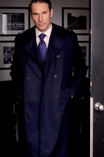 Grasmere Trenchcoat (Navy) Double breasted, front and rear cape detail, belted, epaulettes, zip out liner.
