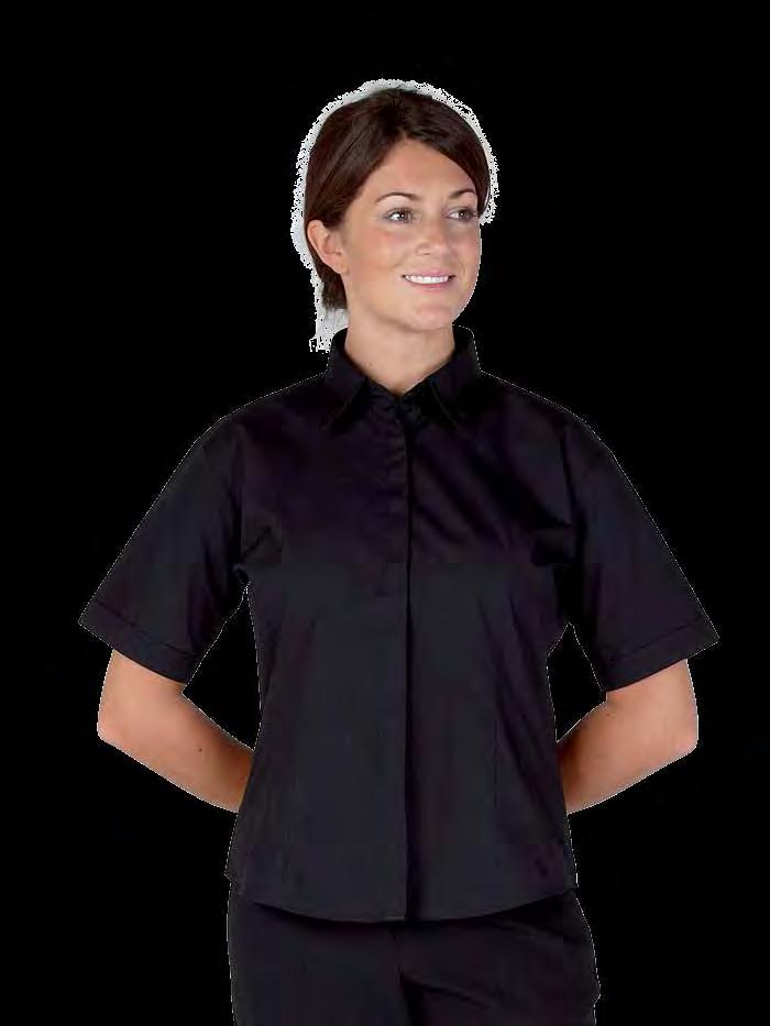 RK108 Premium Ladies Hospitality Shirt Weight 110gsm 65% Polyester / 35% Cotton Short sleeves Front and back darts Self colour buttons fitted style Spare button Stylised curved bottom