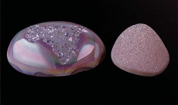 Figure 24. This 86.21 ct white quartz geode (left) from Rio Grande do Sul, Brazil, owes its pearlescent surface and iridescence to a sputtered coat of silicon.