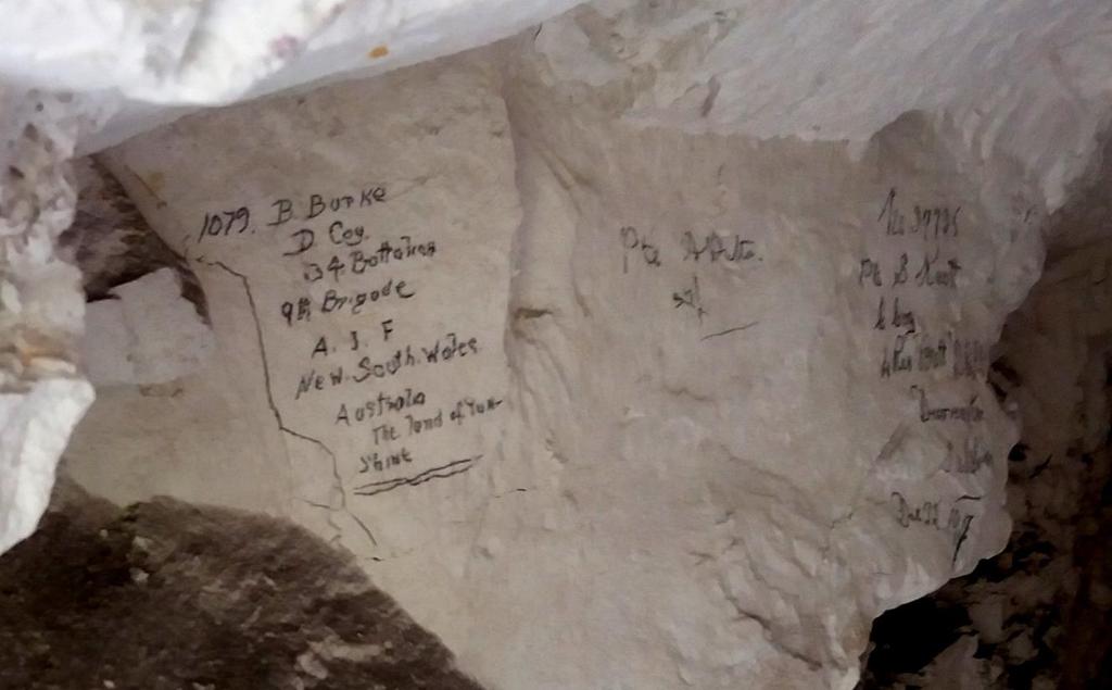 An example of some of the graffiti found within the tunnels. This was written by L/Cpl Benjamin Burke D Company 34th Battalion Australian Imperial Force.