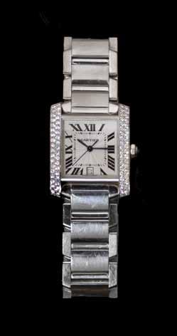 72 An 18 Karat White Gold and Diamond Tank Francaise Wristwatch, Cartier, 34.00 x 28.