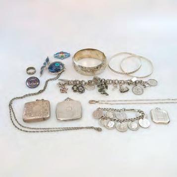 43 SMALL QUANTITY OF SILVER JEWELLERY, ETC including a charm bracelet; 3 bangles; 2