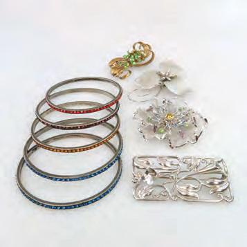 SILVER JEWELLERY including 4 Bond Boyd brooches and 5 bangles, all set with synthetic stones