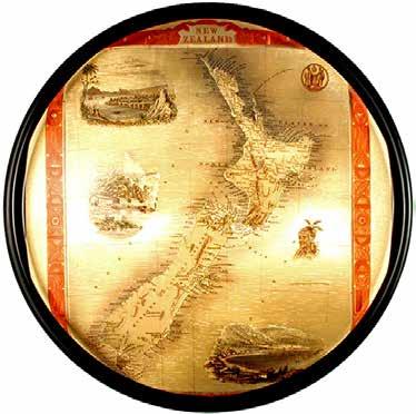 RESIN BAR TRAYS 23cm DIAMETER IN GIFT BOX BT20 Tallis Early NZ Map on Gold Foil BT22 Kiwi & NZ Flora on Gold Foil PLATE STANDS CLEAR