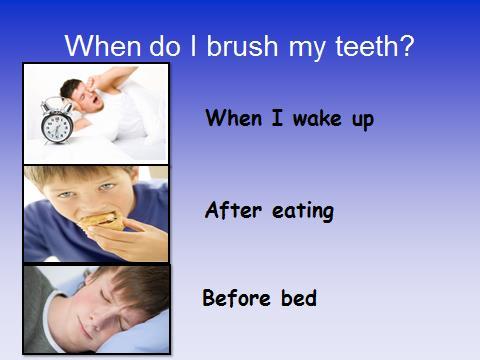 BEFORE SHOWING SLIDE SAY: Everyone needs to brush their teeth 2-3 times a day to keep them clean and healthy.