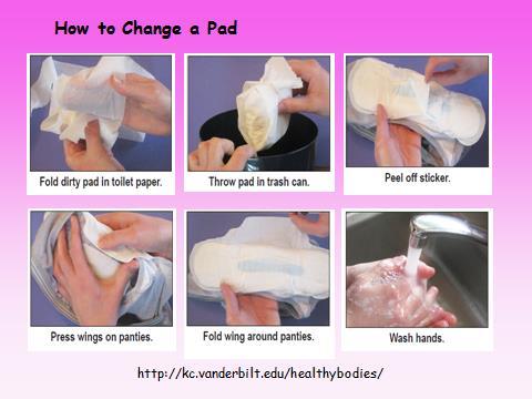 You will need to change your pad when it is dirty. Demonstrate changing a pad while going through pictures: 1. Review proper washing of hands. 2.