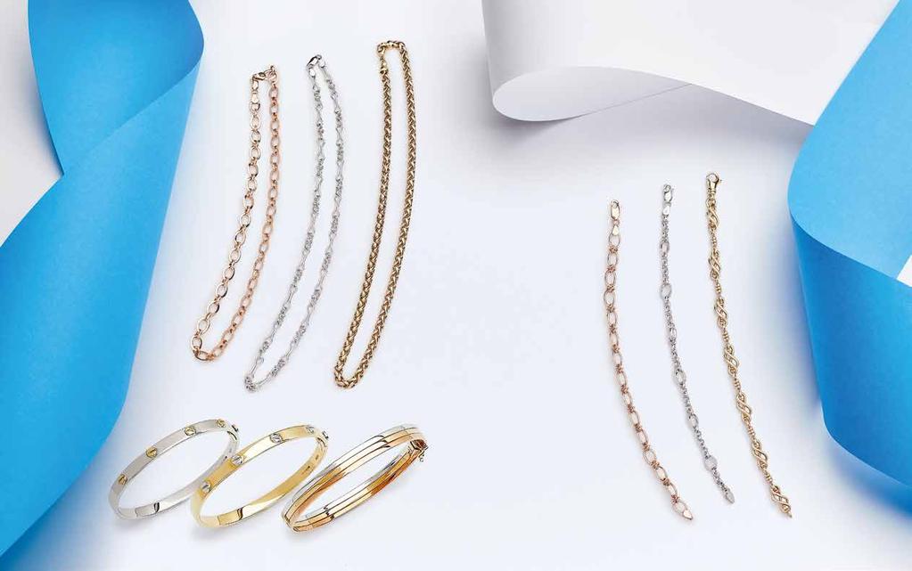 9ct rose gold, belcher necklace. 1045.00 9ct white gold, ow necklace. 1020.00 9ct yellow gold, plaited necklace. 1670.00 9ct white and yellow gold, Molte Viti bangle. 1920.