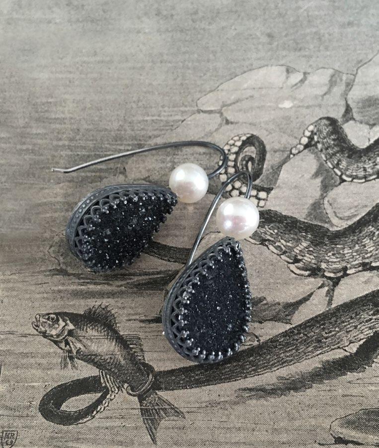 4. earrings, sea treasure I druzy black onyx, cultured