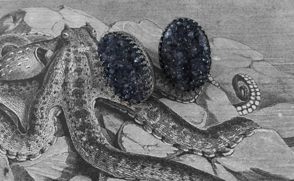 earrings, sea treasure II druzy black onyx, cultured pearls