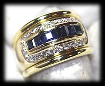 72 18 carat yellow polished gold diamond and sapphire RING of modern broad design. Set in channel setting 6 square cut blue stones.