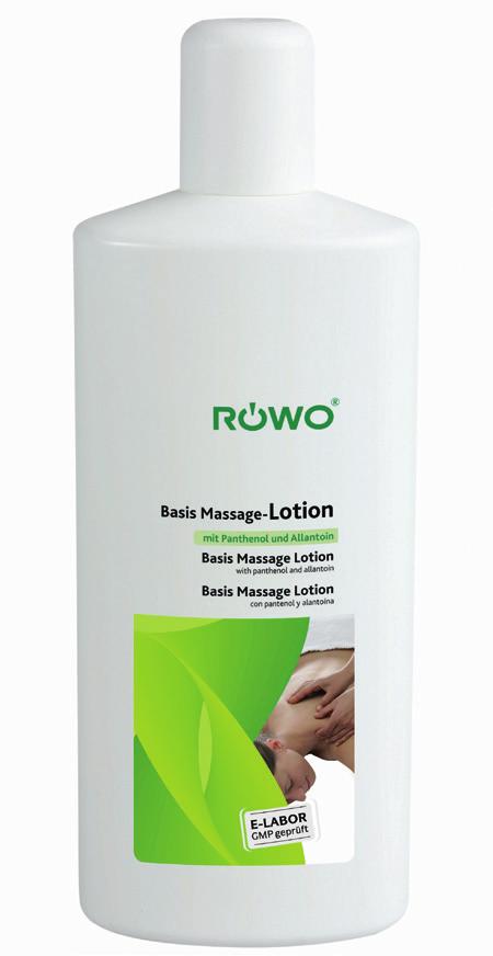 Rowo Basis Massage Lotion Rowo Basis Massage-Lotion reduces friction during massage. It has good grip and contact properties and protects the skin of the patient as well as the therapist.