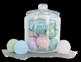 Holds 12 bath bombs. One-gallon glass jar with lid measures 10"h x 7"w x 7"d.
