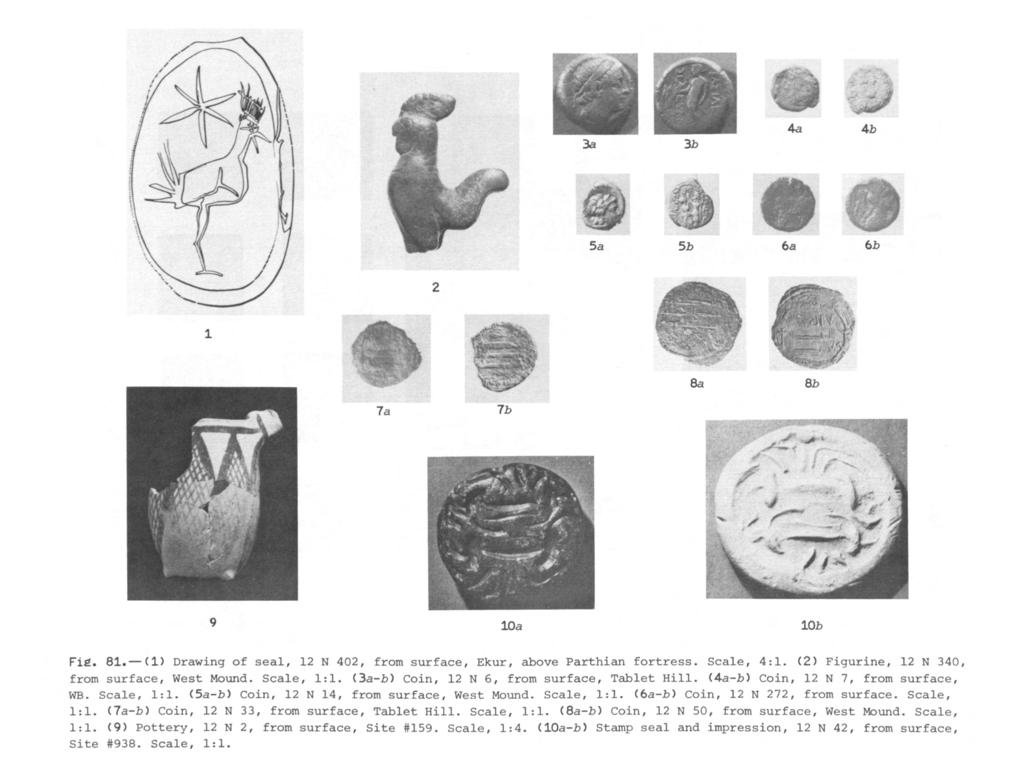 3a 3b 4a 4b 5a 5b 6a 6b 8a 8b 7a 7b 1n) 1nh Fig. 81.-(1) Drawing of seal, 12 N 402, from surface, Ekur, above Parthian fortress. Scale, 4:1. (2) Figurine, 12 N 340, from surface, West Mound.