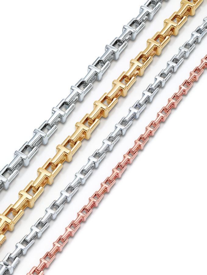 LEFT Tiffany T chain bracelets, from left: In sterling silver, $1,300. In 18k yellow gold, $7,400. Narrow in sterling silver, $760. Narrow in 18k rose gold, $3,050.