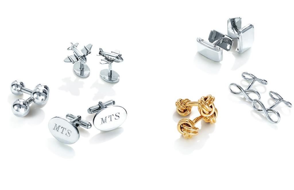 LEFT Cuff links in sterling silver, clockwise from left: Barbell, $330. Airplane, $430. Oval, $330; engraving additional. Description RIGHT Cuff uga.