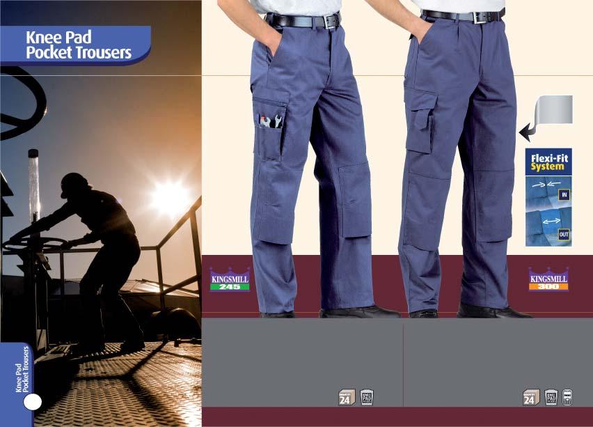 DOUBLE RULE POCKET FABRIC FABRIC S891: Bradford Trousers S987: Multi Pocket Trousers New 14 Combat thigh pocket. Knee pad pockets. Back hip pocket. Zip fly and jean stud fastening.