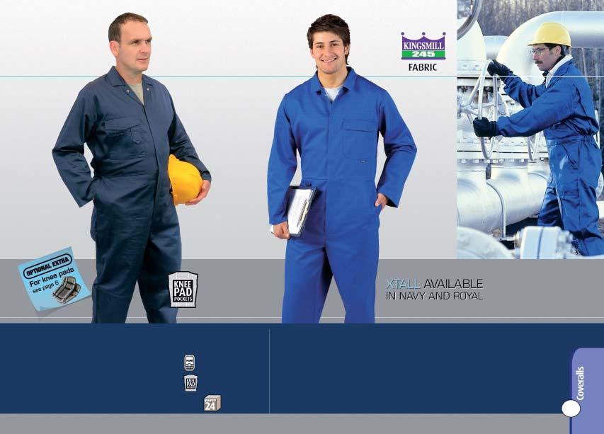 S997: Sheffield Coverall New C802: Standard Coverall Two side pockets. One chest pocket with mobile phone pocket. Hip and rule pocket. Stud front fastening. Action back. Knee pads can be inserted.